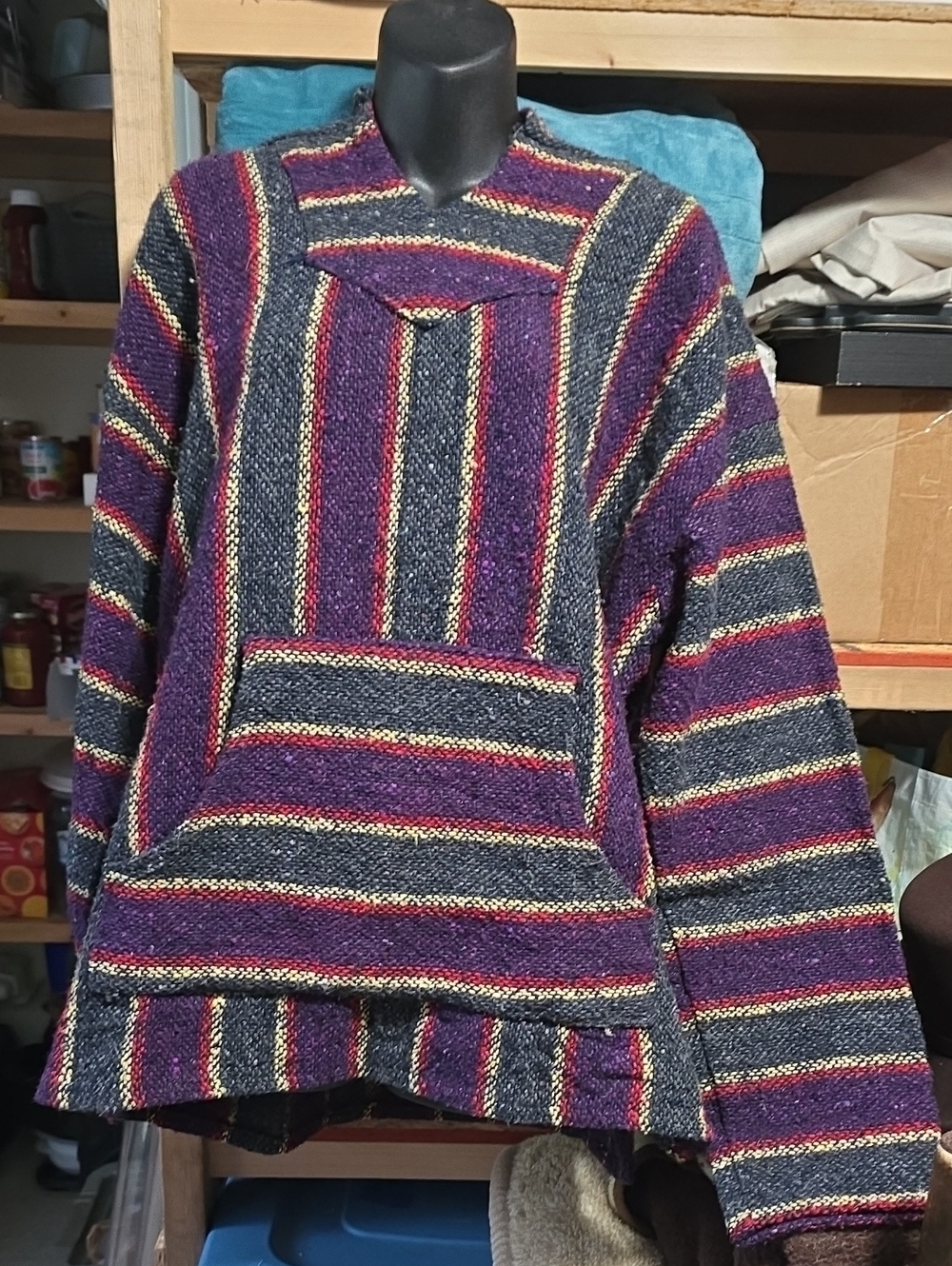 Vtg Striped Purple & Black Pullover Woven Baja Style Hoodie W/ Front Pocket